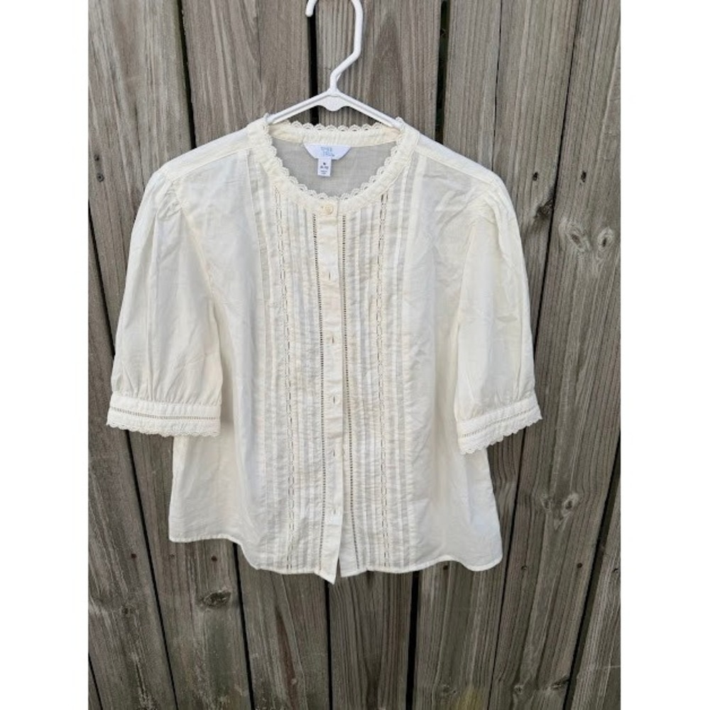 Cottagecore Victorian Time and Tru Blouse M White Lace Pintuck Button Down
